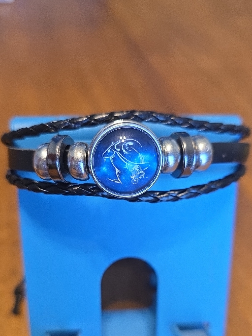 Capricorn Sea Goat Blue Glass Charm Leather Bracelet - Blue & Black
